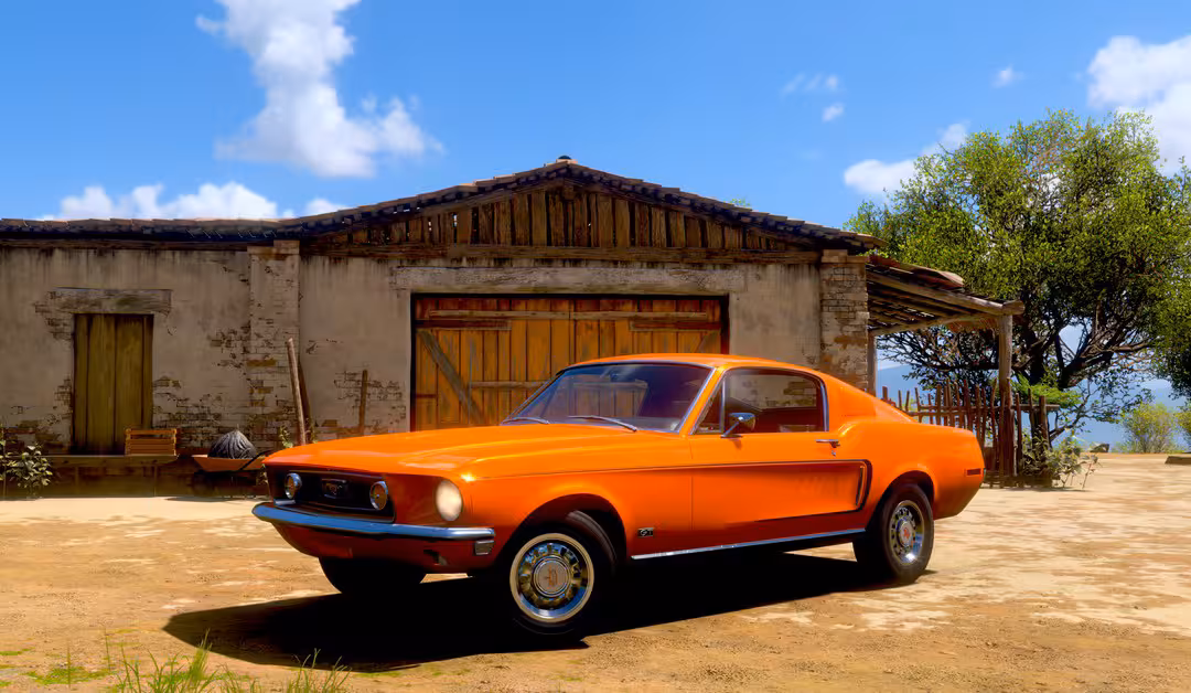 Voiture de légende sortant d'une grange dans Forza Horizon 5